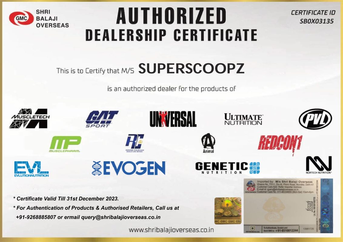 Certificate showing that Superscoopz is an authorized seller of MuscleTech, GAT Sport, Universal Nutrition, Ultimate Nutrition, MusclePharm, Ronnie Coleman, Animal, RedCon1, Evlution Nutrition, Evogen, Genetic Nutrition, Nortech Nutrition products, and more.