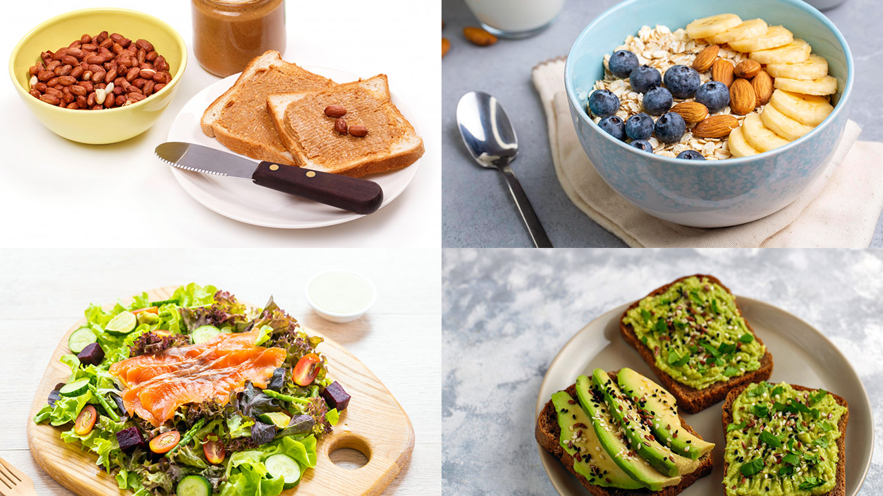 Pre-workout recipes banner featuring peanut butter toast, avocado toast, salmon salad and healthy bowl of porridge
